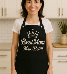 BK Gift Kişiye Best Mom Tasarımlı Profesyonel Siyah Mutfak Önlüğü-1, Aşçı Önlüğü, Şef Önlüğü, Anneler Günü Hediyesi
