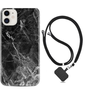 Apple iPhone 11 12 13 Mini Kılıf Boyun Askılı Silikon Kara Mermer 1375