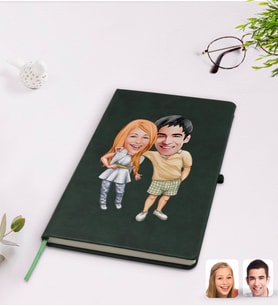 BK Gift Kişiye Özel Sevgililer Karikatürlü Yeşil Termo Deri Defter Model 98