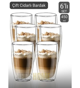 6’lı Set Büyük Latte Bardağı Cappuccino Bardağı Çift Cidarlı Bardak Americano Bardağı 450 ml