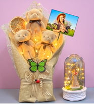 Kişiye Özel Fotoğraflı Led Işıklı Peluş Ayıcık Buketi ve Led Işıklı Biblolu Fanus (Model 5)