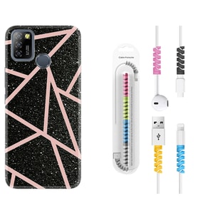 INFINIX Smart 4 5 6 Zero 8 S5 Pro Kılıf Kablo Koruma Spiral Silikon Pembe Şeritli Mermer 1312