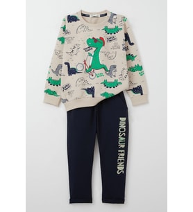 Breeze Erkek Bebek Eşofman Takımı Dinozor Baskılı 9 Ay-3 Yaş, Bej