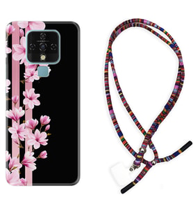 Tecno Camon 16 18P Pova Kılıf Boyun Asklı Rasta Silikon Pink Flowers 3 1393