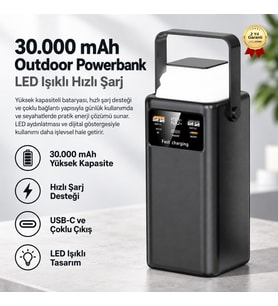 Powerbank Yüksek Kapasiteli 30.000 mAh USB-C LED Işıklı Outdoor Taşınabilir Şarj Cihazı
