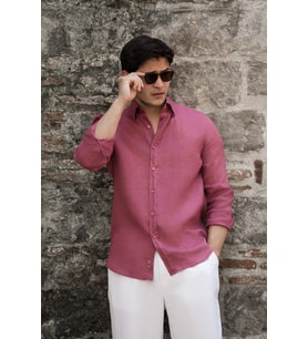 Regular Fit Gizli Düğmeli Yaka %100 Linen Ham Keten Gömlek