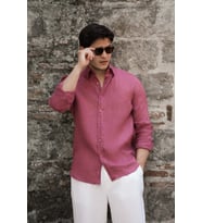 Regular Fit Gizli Düğmeli Yaka %100 Linen Ham Keten Gömlek