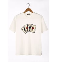 Erkek Ekru İskambil Kağıdı Baskılı Bisiklet Yaka Oversize T-Shirt 22Y-3400762-2