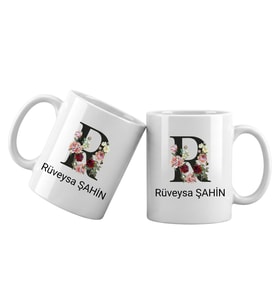 R Harfli Kişiye Özel İsimli Porselen Kupa Bardak – Çiçekli Monogram Harf Tasarımlı İsim Yazılı Kişiselleştirilebilir Hediye Kupa (Beyaz)