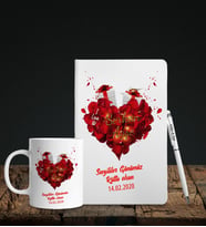 Sevgililer Gününe Özel Beyaz Deri Defter Kalem Kupa Hediye Seti 32