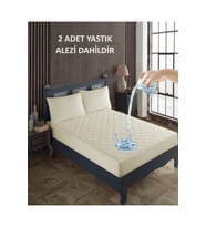 Çift Kişilik Alez Seti %100 Pamuk Kapitone Su Sıvı Geçirmez Yatak Yastık Alezi Yatak Yastık Koruyucu (Bej)