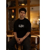 Unisex Bisiklet Yaka Baskılı Oversize T-Shirt - Siyah