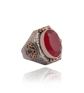 Gümüş Yüzük - Yakut Garnet Taşlı Yanı Zirkon Taşlı Işlemeli Erkek Gümüş Yüzük