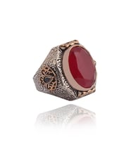 Gümüş Yüzük - Yakut Garnet Taşlı Yanı Zirkon Taşlı Işlemeli Erkek Gümüş Yüzük