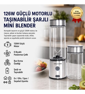 126W Güçlü Motorlu Taşınabilir Şarjlı Mini Blender 6 Bıçaklı Paslanmaz Çelik Buz Kırmalı Blender