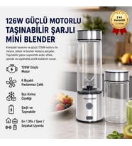 126W Güçlü Motorlu Taşınabilir Şarjlı Mini Blender 6 Bıçaklı Paslanmaz Çelik Buz Kırmalı Blender