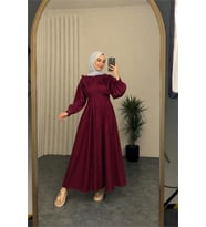 kadın bordo belden oturtmalı çiçek detaylı premium tesettür elbise NBVQ4933