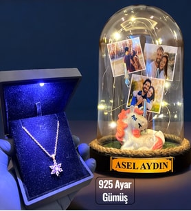 Işıklı Kutuda 925 Ayar Gümüş Lotus Kolye ve Size Özel Led Işıklı Fanus - Premium Set (Model 5)
