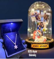 Işıklı Kutuda 925 Ayar Gümüş Lotus Kolye ve Size Özel Led Işıklı Fanus - Premium Set (Model 5)