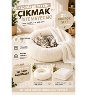 Yumuşak Peluş Donut Kedi Köpek Yatağı 2’li Set, Rahat ve Sıcak Uyku