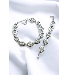 Metali·ze I·nci· Baklava Choker Tasma Kolye Bi·lekli·k Set (Krem)