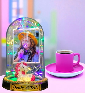 Kişiye Özel Renkli Led Işıklı Fanus ve Pembe Türk Kahvesi Fincanı (Model 10)