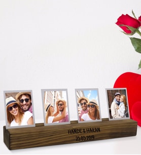 Sevgililere Özel 4 Fotoğraflı Mesajlı Dekoratif Ahşap Stand