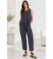 Beli Lastikli Modal Pantolon & Kalın Askılı Bluz Takımı - Füme