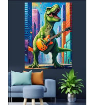Gitar Çalan Yeşil Dinozor Dekoratif Kanvas - Mdf Ahşap Tablo