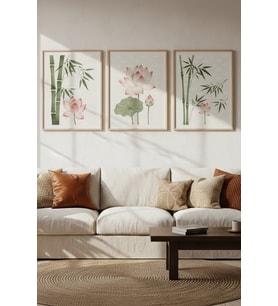 Lotus Çiçeği ve Bambu 3’lü Modern Ahşap Çerçeveli Tablo Seti - Salon Dekoru
