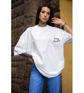 Unisex Bisiklet Yaka Baskılı Oversize T-Shirt - Beyaz