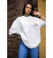Unisex Bisiklet Yaka Baskılı Oversize T-Shirt - Beyaz