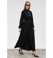 Düğme Detaylı Örme Triko Elbise - Siyah