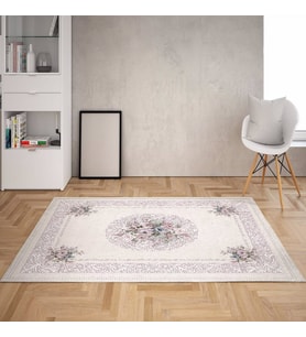 Çiçek Desenli Çerçeveli Dijital Baskı Yıkanabilir Kaymaz Taban Vintage Salon Halısı ve Yolluk (Krem)