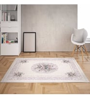 Çiçek Desenli Çerçeveli Dijital Baskı Yıkanabilir Kaymaz Taban Vintage Salon Halısı ve Yolluk (Krem)