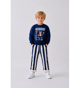 Baskılı Sweatshirt Lacivert Çizgili Pantolon Erkek Çocuk Alt Üst Takım