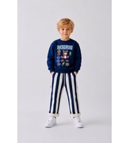 Baskılı Sweatshirt Lacivert Çizgili Pantolon Erkek Çocuk Alt Üst Takım