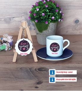 Love Yourself Türk Kahvesi Fincanı Lacivert ve Ahşap Anahtarlık Hediye (Model 1)