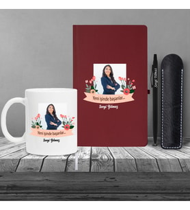 Kişiye Özel Yeni İş Temalı Bordo Klasik Defter & Siyah Tükenmez Kalem ve Kupa