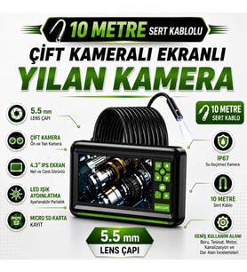 Çift Kameralı Ekranlı Yılan Kamera 5.5mm Lens 10 Metre Sert Kablo