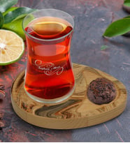 BK Gift Kişiye Özel Mermer Tasarımlı Doğal Ahşap Tabaklı Heybeli Çay Bardağı Sunum Seti Model 17