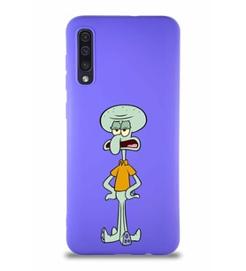 Samsung Galaxy A50 Soft Premier Kapak Squidward Dokunaç Tasarımlı Silikon Kılıf - Mor (Şeffaf)