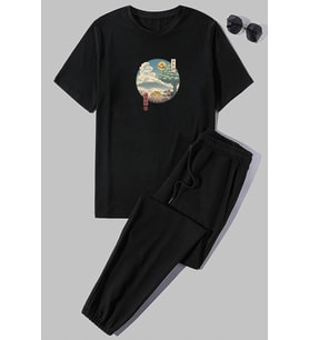 Unisex Neighbor's Ukiyo e Baskılı 2'li Eşofman Takımı (Siyah)