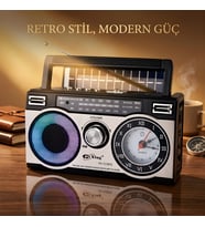 Solar Şarjlı Bluetooth Radyo Saatli RGB Ledli USB/SD Destekli Type-C Şarjlı Nostaljik Radyo