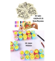 Nostaljik Oyuncak Mühür Istampa 10 Adet + Kum Boyama Seti 10 Adet A5 Boyutunda (20x13,5 cm)