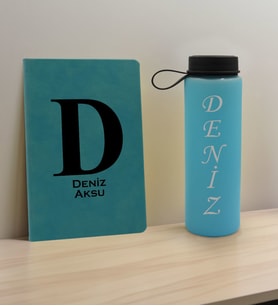 BK Gift Kişiye Özel İsimli Turkuaz Defter ve Cam Matara Hediye Seti-5, Sevgiliye Hediye, Arkadaşa Hediye, Yeni İş Hediyesi