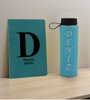 BK Gift Kişiye Özel İsimli Turkuaz Defter ve Cam Matara Hediye Seti-5, Sevgiliye Hediye, Arkadaşa Hediye, Yeni İş Hediyesi
