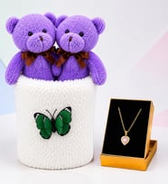 Peluş Saksıda Peluş Ayıcık Buketi ve Pembe Taşlı Kalp Kolye Kadına Sevgiliye Arkadaşa Hediye