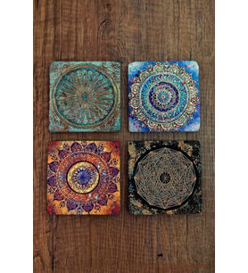 Doğal Taş Bardak Altlığı Uv Baskılı 4'lü Set - Mandala Yaşam Çiçeği Sri Yantra - Stone Coasters