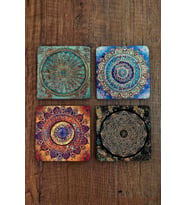 Doğal Taş Bardak Altlığı Uv Baskılı 4'lü Set - Mandala Yaşam Çiçeği Sri Yantra - Stone Coasters